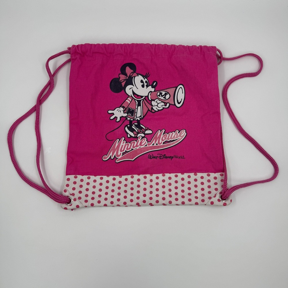 Walt Disney World Minnie Mouse Cheerleader Pink Drawstring Canvas‎ Backpack Bag